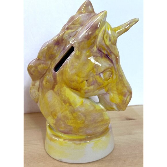 Whimsical Ceramic Unicorn Coin Bank Figurine Yellow Purple Swirl Mystical - Picture 1 of 6